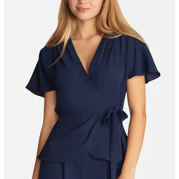 Trina Turk Navy Astro Short Flutter Sleeve Wrap Front Top Womens Medium - Picture 1 of 7